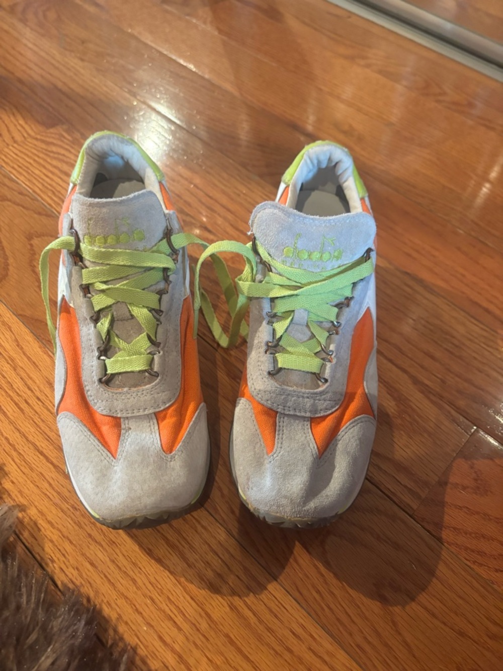 Diadora Gray Suede Sneakers with Orange Panels and Lime Laces - Picture 4 of 10